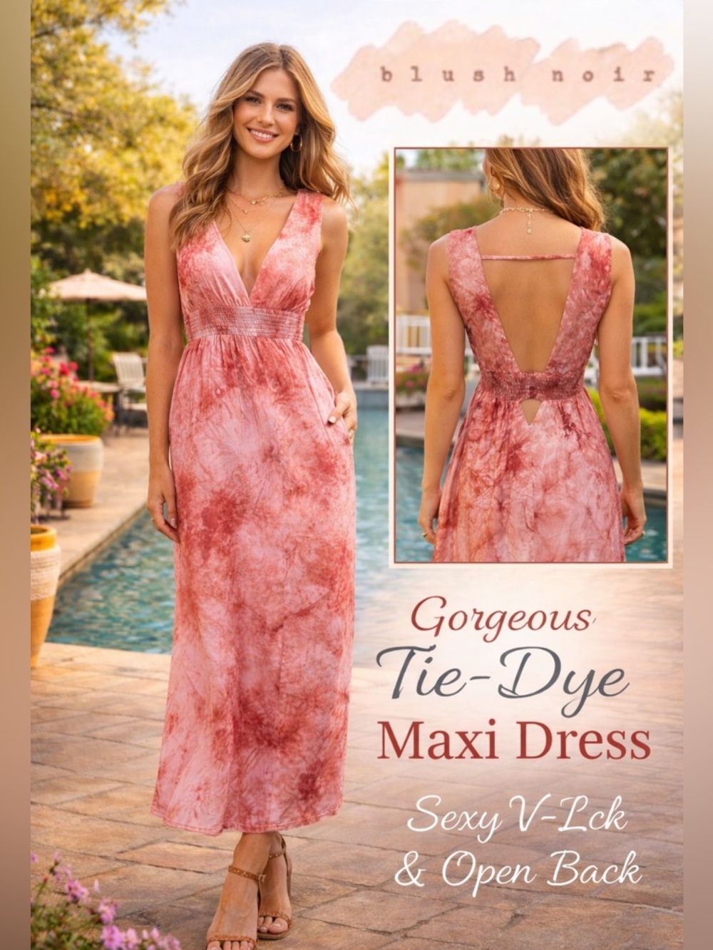 Blush Noir,Beautiful Red, Soft Tie-Dye Maxi Dress, V-Neck & V-Back, EUC, Size M